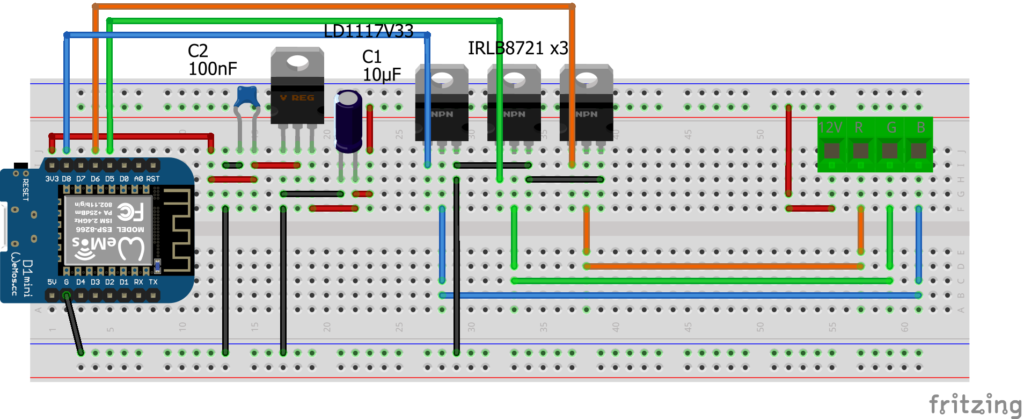 Fritzing: Prototypischer Aufbau zur Steuerung des RGB LED Stip